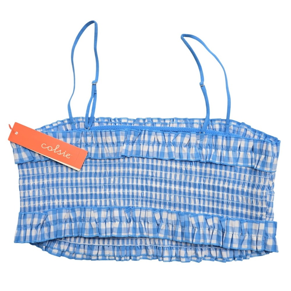 Colsie Womens Blue Gingham Smocked Ruffle Bralette Crop Top Size M New